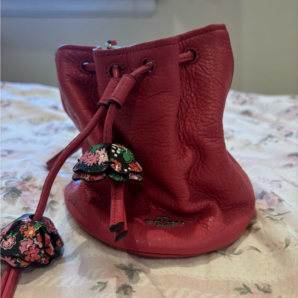 Coach Pink Floral Drawstring Leather Pouch Wristlet
